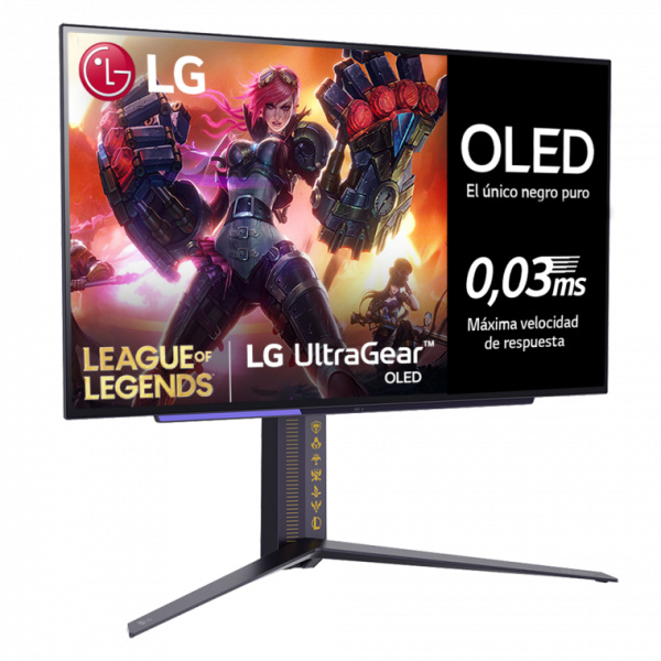 Monitor LG UltraGear 27GR95QL-B de 27 pulgadas, Edición League of Legends, con diseño temático y tecnología avanzada para gaming.