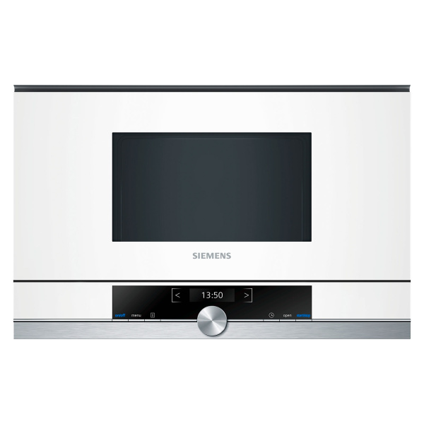 Microondas Siemens BF634LGW1 blanco integrable en cocina moderna.