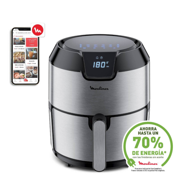 "Freidora de Aire Moulinex Easy Fry Deluxe 4.2L Digital Inox en Cocina Moderna.