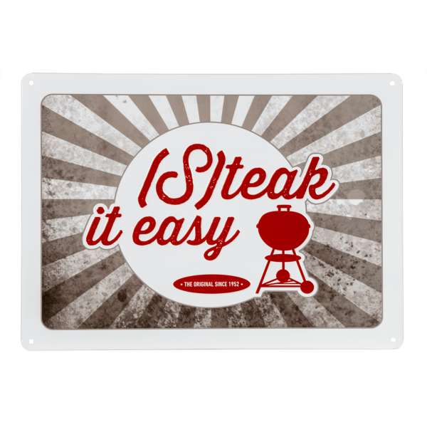 Letrero de metal con relieve Weber “Steak it easy”