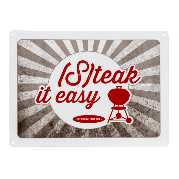 Letrero de metal con relieve Weber “Steak it easy”