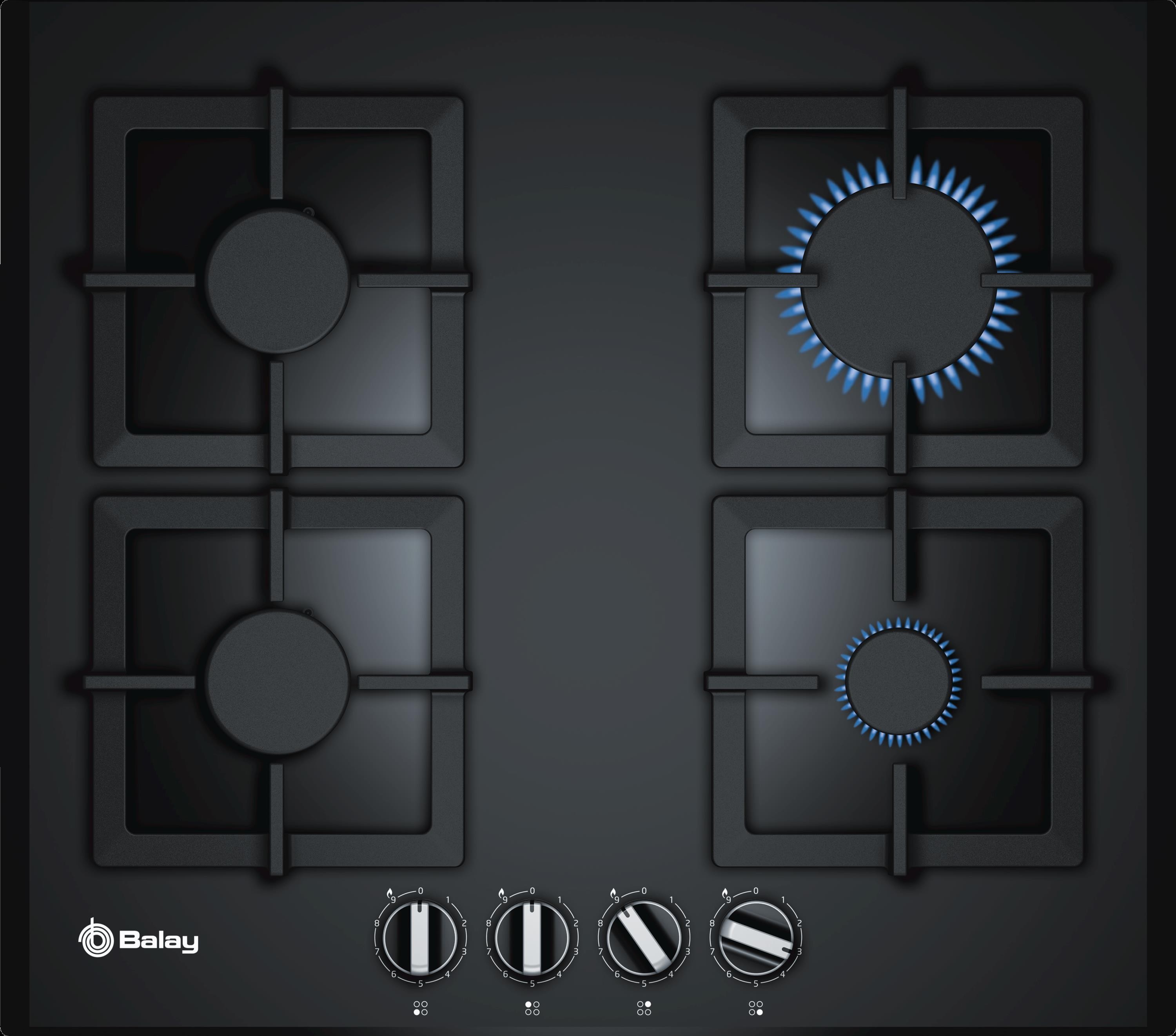 Placa Gas - Balay 3ETG664HB, 4 Zonas, 60 cm, Negro, Enrasado
