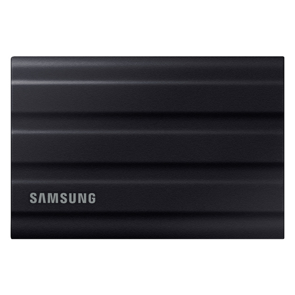 Samsung SSD Portátil T7 Shield en negro, destacando su rapidez y seguridad en almacenamiento